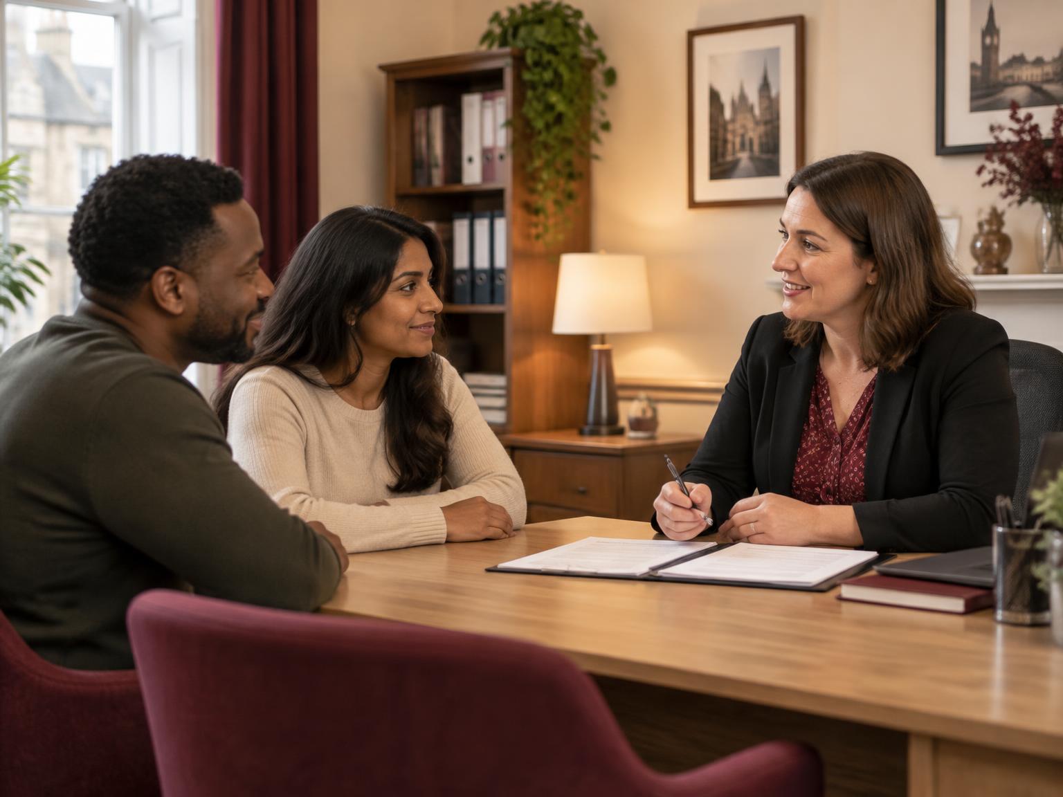 A couple having a friendly immigration consultation in a warm office